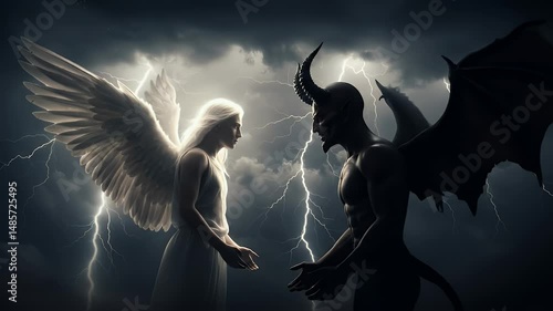 Angel Confronting Winged Creature During Stormy Weather