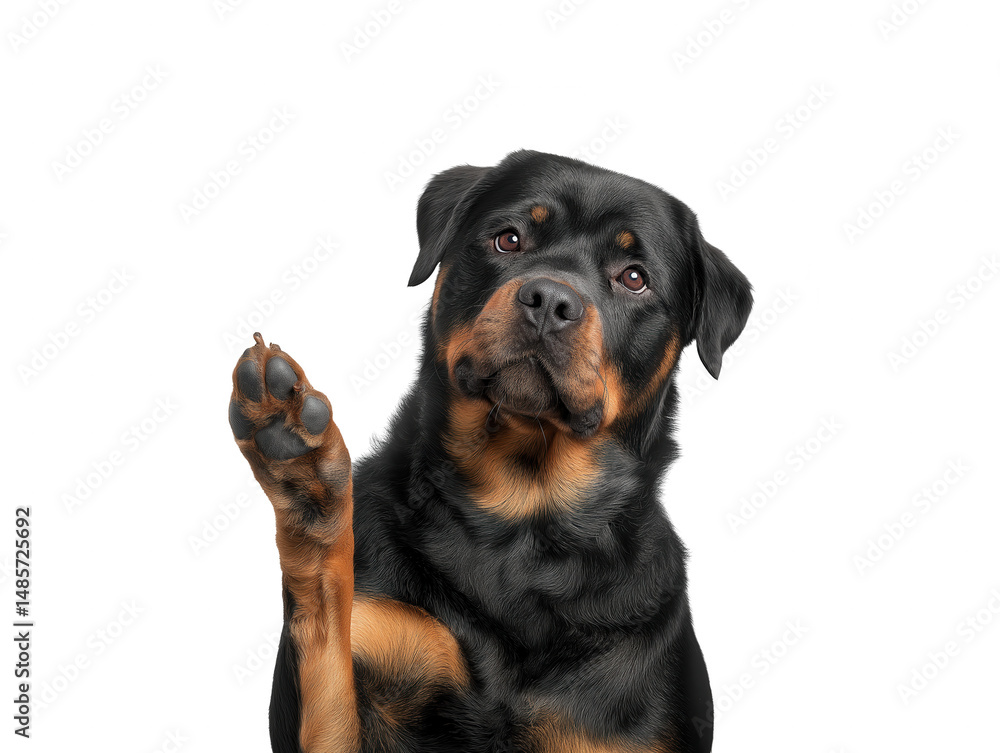 Rottweiler dog with raised paw on transparent background Rottweiler dog with raised paw on transparent background