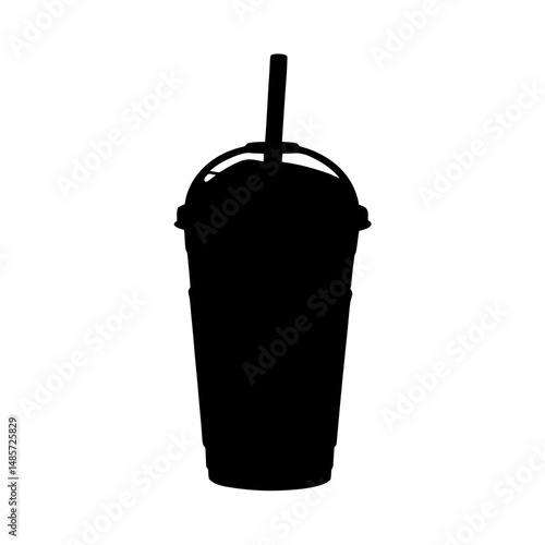 Black silhouette of a plastic cup with lid and straw for smoothie or iced coffee drink vector graphic