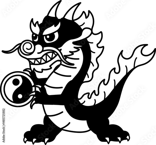 black and white illustration of dragon holding a yin yang symbol ball