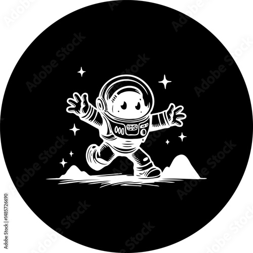 Whimsical spaceman illustration in bold monochrome artwork showcasing exploration