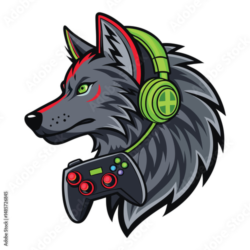 A realistic rendering of a grey wolf casually holding a gamepad and headphones in its mouth, conveying a playful, unexpected juxtaposition.