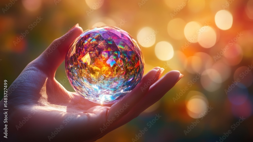 Fototapeta premium A Hand Holding a Crystal Ball, Reflecting Warm Lights