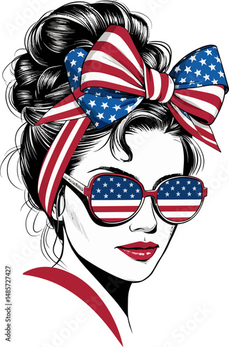 A stylish woman with a retro hairstyle, wearing sunglasses and a hair bow in the American flag pattern. This patriotic pop art-style illustration is perfect for Independence Day, 4th of July, or Ameri