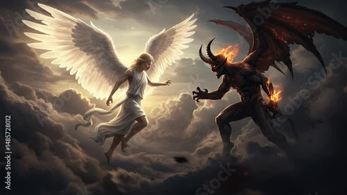 Angel Facing Demon in Dramatic Cloudscape Fantasy