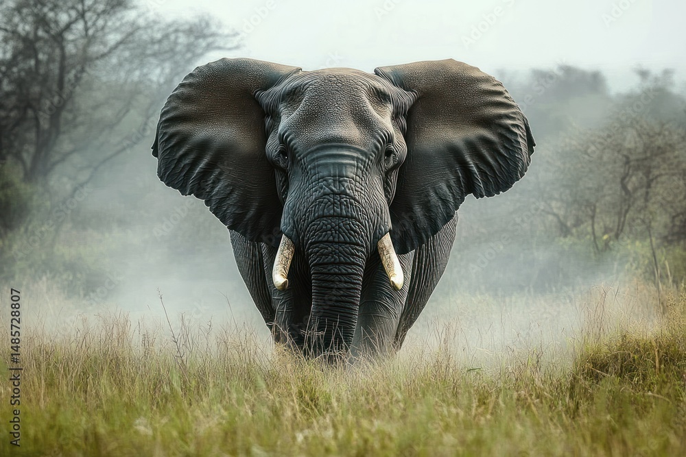 Naklejka premium Majestic elephant with large ears standing in tall grass surrounded by mist and sparse trees during daytime