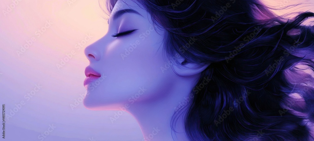 Close-up side profile of a serene woman with closed eyes and flowing dark hair against a soft gradient background expressing calm and tranquility Close-up side profile of a serene woman with closed eyes and flowing dark hair against a soft gradient background expressing calm and tranquility