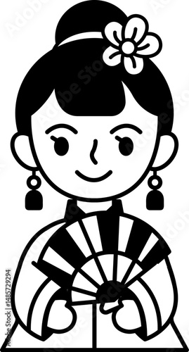 black and white icon of Chinese girl in traditional dress holding a fan
