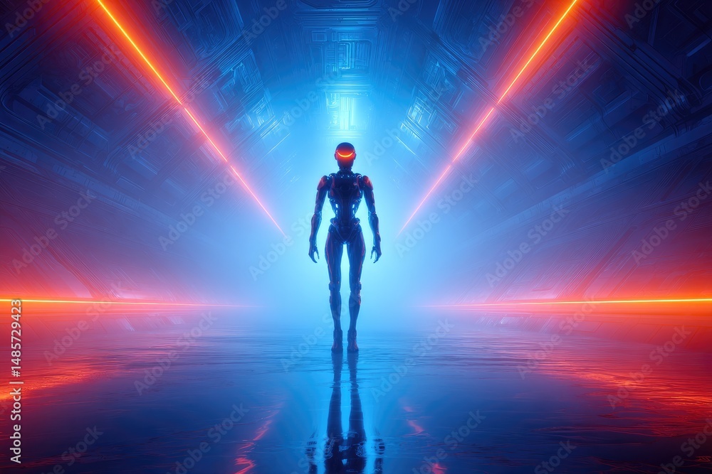 Fototapeta premium Futuristic robot figure in glowing neon tunnel.