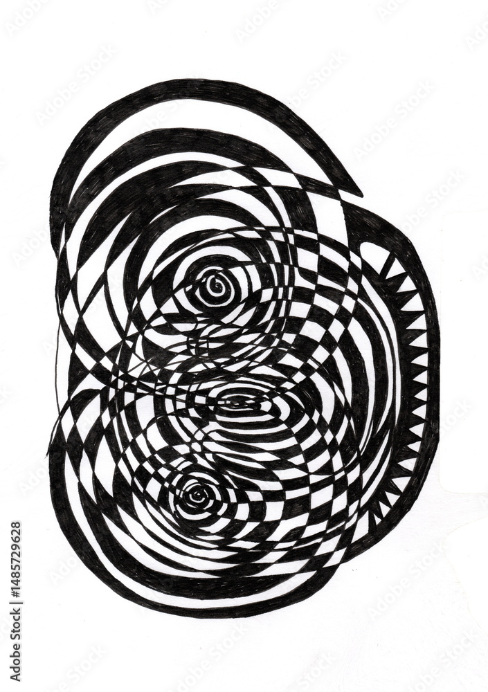 Abstract black and white illustration made with marker, consisting of many concentric and intersecting oval and spiral lines, creating the optical effect of a vortex or tunnel. Abstract black and white illustration made with marker, consisting of many concentric and intersecting oval and spiral lines, creating the optical effect of a vortex or tunnel.