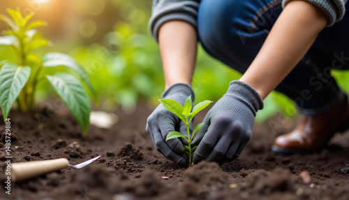 The gardener plants seedlings in open ground wearing gloves.