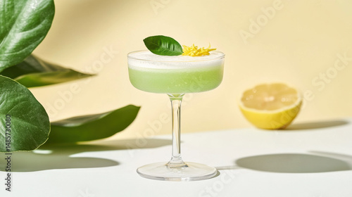 A vibrant green cocktail garnished with lemon zest and a leaf, set against a soft yellow background.
