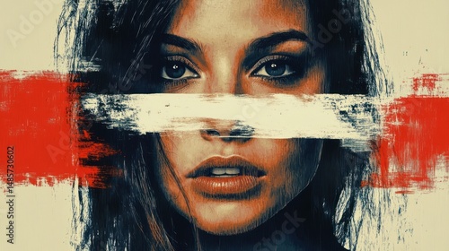 Portrait of a woman with intense eyes partially obscured by horizontal red and white paint brush strokes, conveying mystery and emotion