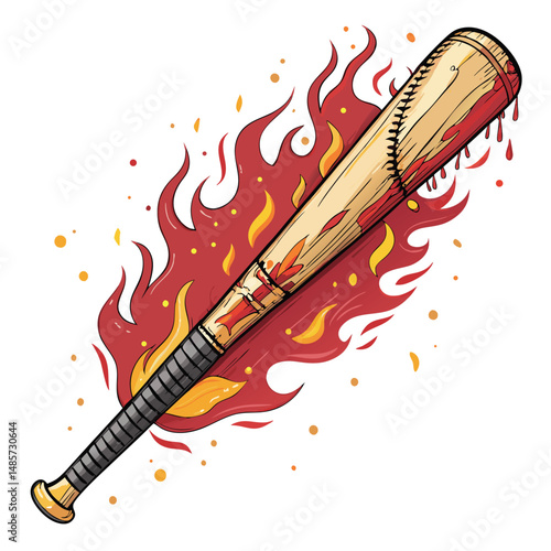 Create a digital painting of a flaming baseball bat, heavily textured with cracks, showing dripping molten material.  Focus on intense fire and grunge.