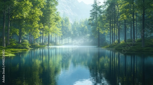 Wallpaper Mural Serene forest lake reflection. Tranquil morning. Possible use Nature, environment, peace, serenity Torontodigital.ca