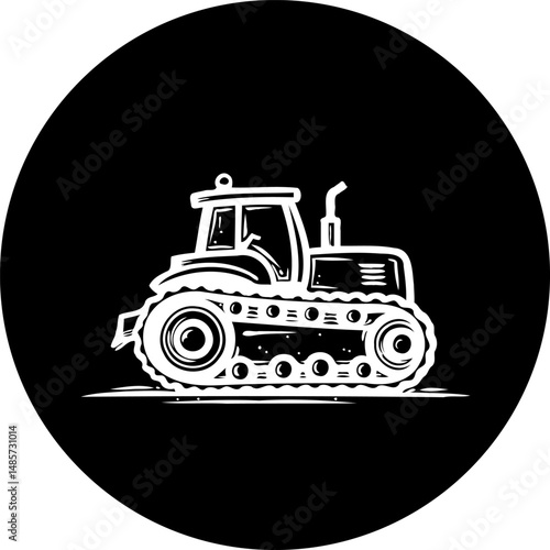 High contrast tractor illustration on black circle background depicting farming