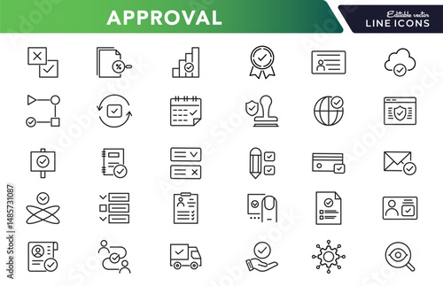 Approval line icon set. Quality Control, business audit, agreement, check, certified, permission, tick, yes, checklist, finance, accept, correct, agree, outline vector icon. UI thin outline icon pack