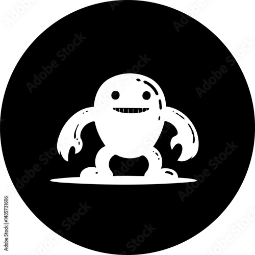 Playful Monochrome Character Illustration on a Circular Black Backdrop