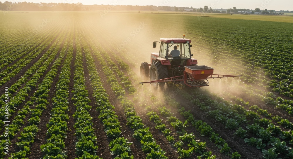 Fototapeta premium Agricultural Tractor Spraying Crops at Golden Hour Sunlight in Lush Green Field