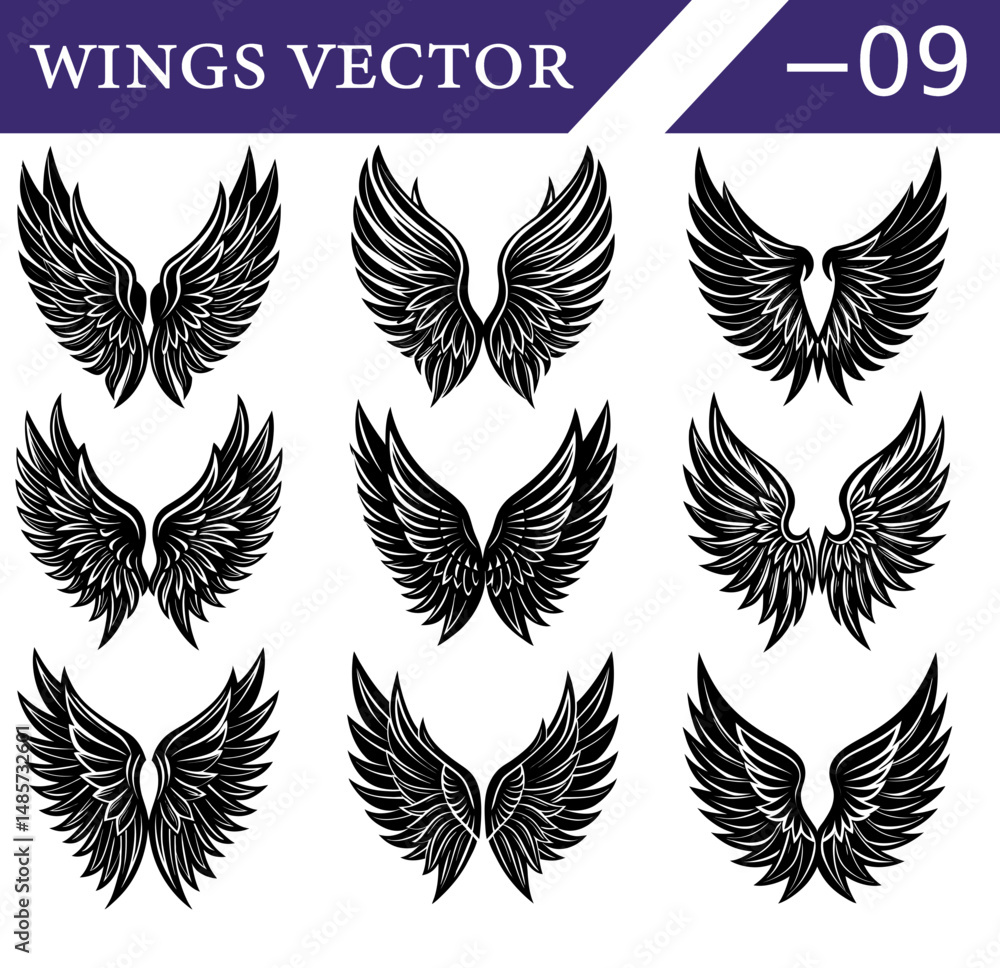 Vector Black Wings Icon Collection – Stylized Gothic Feathered Angel and Demon Wings for Tattoo Art, Poster Design, and Fantasy Use. Vector Black Wings Icon Collection – Stylized Gothic Feathered Angel and Demon Wings for Tattoo Art, Poster Design, and Fantasy Use.