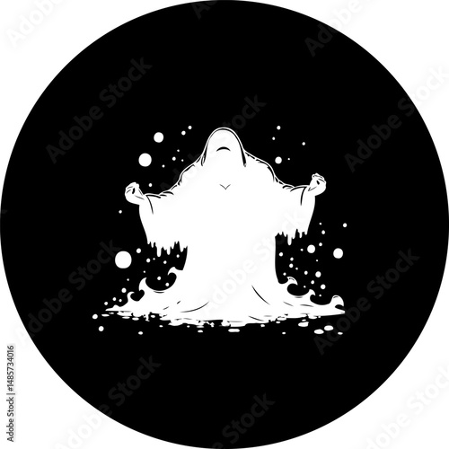 Ethereal apparition on black circle, mystical figure with outstretched arms