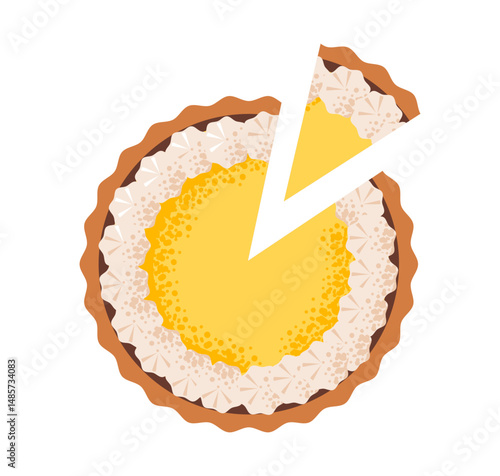 Tasty lemon cake with whipped icing and golden crust. Bright, cozy dessert for summer or breakfast. Flat vector illustration.
