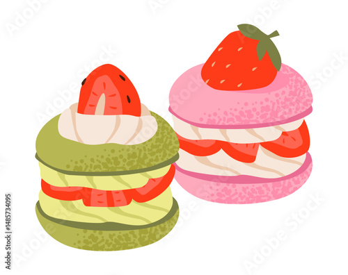 Strawberry cupcakes. Dessert with strawberry and cream. Flat vector illustration.