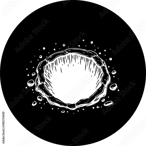 Stylized black and white crater illustration evoking cosmic phenomena