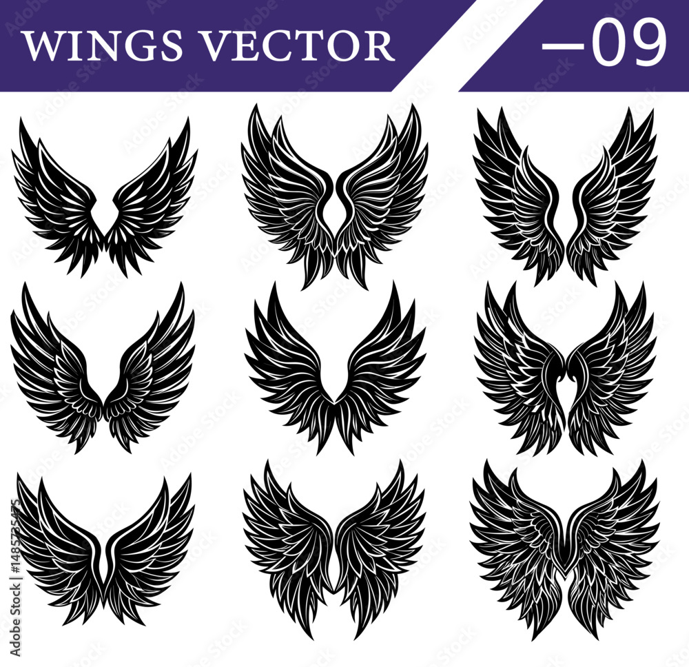Collection of Silhouetted Black Wings Vector Art – Gothic Angel and Demon Feather Designs for Tattoos and Fantasy-Themed Graphics. Collection of Silhouetted Black Wings Vector Art – Gothic Angel and Demon Feather Designs for Tattoos and Fantasy-Themed Graphics.