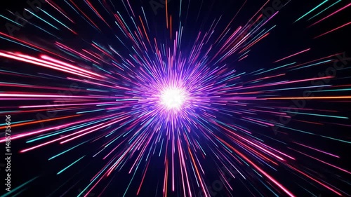 Vibrant starburst light effect in center with red and purple lines extending outward, symbolizing energy, speed, explosion or abstract power concept for digital visuals