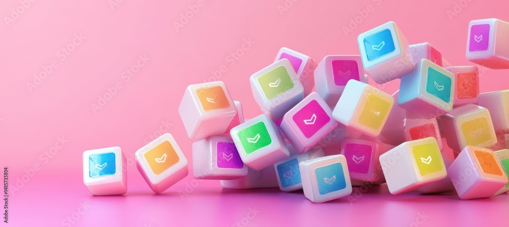 Colorful cubes with checkmark symbols scattered on a smooth pink surface against a matching pink background, evoking a playful and organized mood Colorful cubes with checkmark symbols scattered on a smooth pink surface against a matching pink background, evoking a playful and organized mood