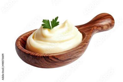 mayonnaise in wooden spoon with parsley garnish.