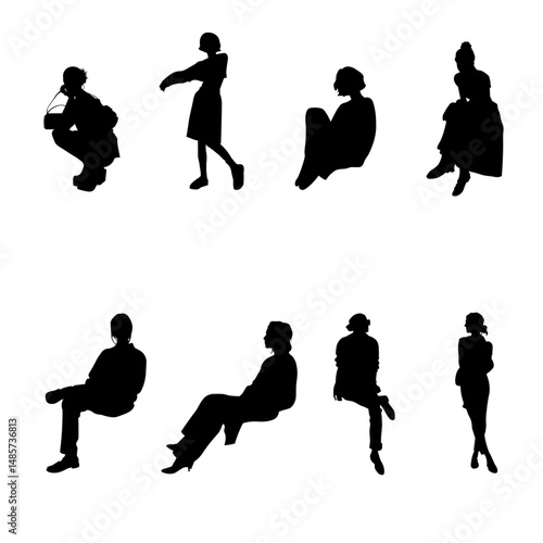 8 vector silhouettes of people in sitting postures and standing