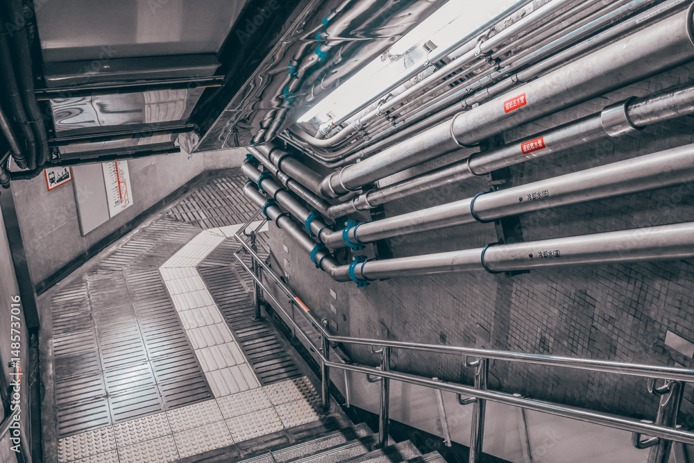 Obraz premium Dec 8 2024 Industrial Staircase with Metal Pipes in a Subway Passageway, tokyo