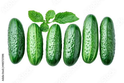 fresh cucumbers with mint leaves on white background