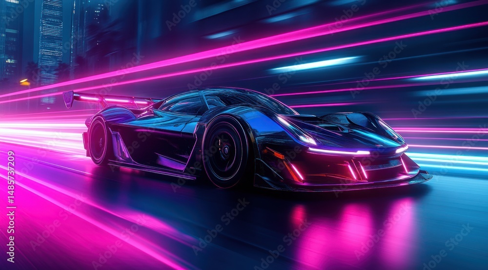 Futuristic sleek black sports car speeding through a neon-lit city street at night with vibrant pink and blue light trails creating a dynamic motion effect Futuristic sleek black sports car speeding through a neon-lit city street at night with vibrant pink and blue light trails creating a dynamic motion effect