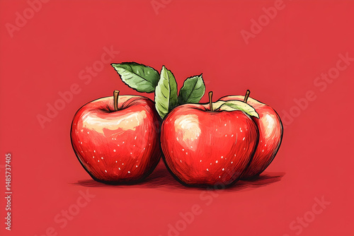 Red apples with leaves on crimson background illustration.