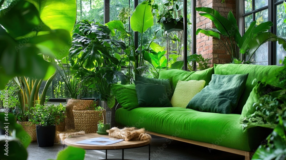 Green interior with natural materials, large houseplants and natural fabrics. 