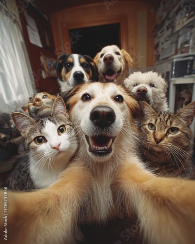 Happy group of dogs and cats posing together for a selfie in a cozy home environment