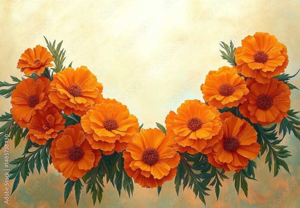 Obraz premium Vibrant orange flowers arranged in a semi-circle with lush green leaves against a soft beige background, evoking warmth and natural beauty