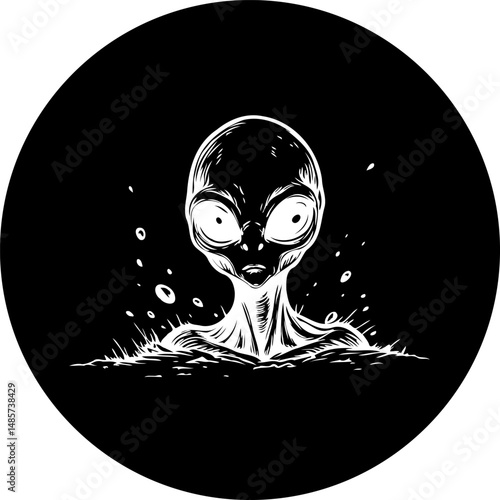 Monochrome extraterrestrial depiction emerging from an astral sea within a dark sphere