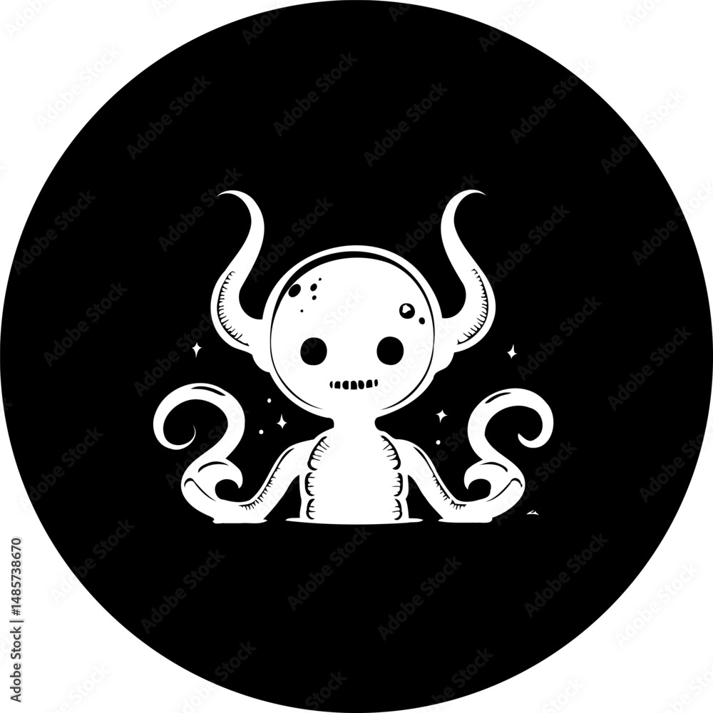 Obraz premium Whimsical cosmic creature illustration within a sleek circular black frame