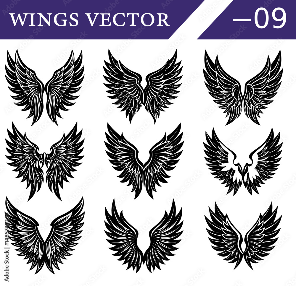 Fototapeta premium Set of Stylized Black Wings Vector Illustrations – Gothic Angel and Demon Feather Designs for Tattoo Art and Mystical Fantasy Use.