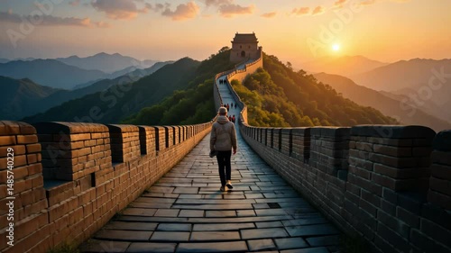 A woman walking alone on the Great Wall of China during golden hour with mountains in background, symbolizing travel, heritage and solitude