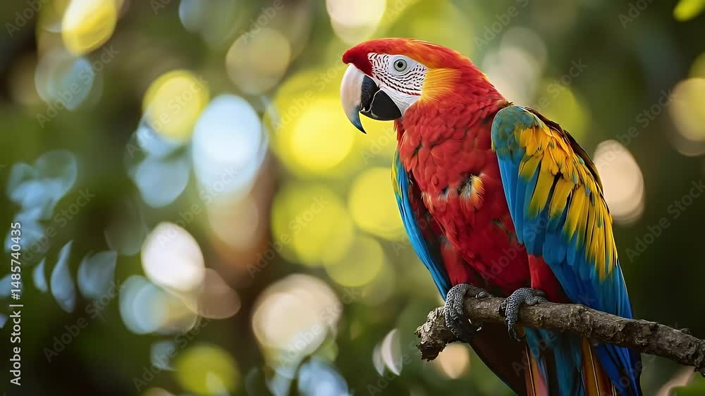 Scarlet Macaw Perched on Branch Amidst Bokeh Lit Trees Detailed Plumage and Vibrant Colors in Natural Habitat Scarlet Macaw Perched on Branch Amidst Bokeh Lit Trees Detailed Plumage and Vibrant Colors in Natural Habitat