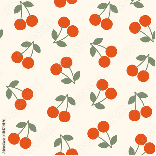 Seamless pattern with cherry on a white background. Berry vector summer illustration. Repeating print, cherry pattern.