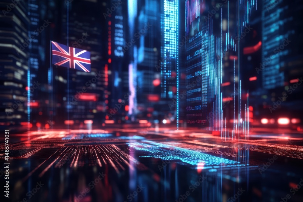Fototapeta premium Futuristic UK Cityscape Digital Art Abstract Background Red Blue Neon Lights Technology Data Code