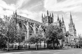 Sydney, New South Wales, Australia: Cathedral of Saint Mary of the Cross; tourist landmark Cathedral of Sydney; Saint Mary's Cathedral in black and white