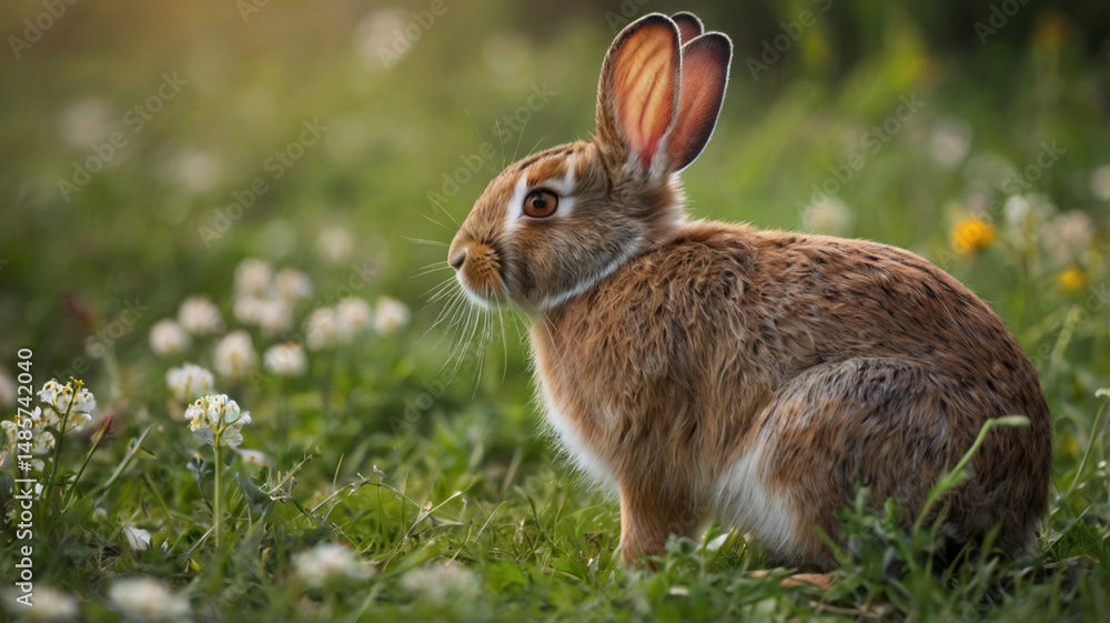 Fototapeta premium Wild Rabbit in Flower Meadow: Close-up of Brown Hare