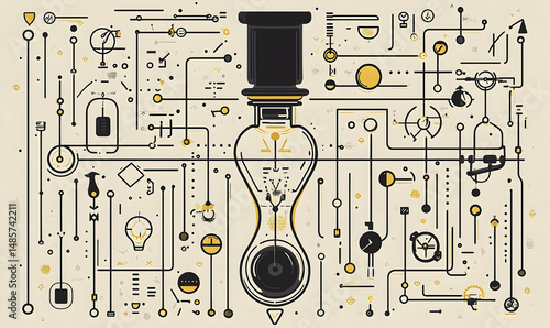 Intricate abstract linear composition featuring a light bulb and mechanical elements on a light tan background